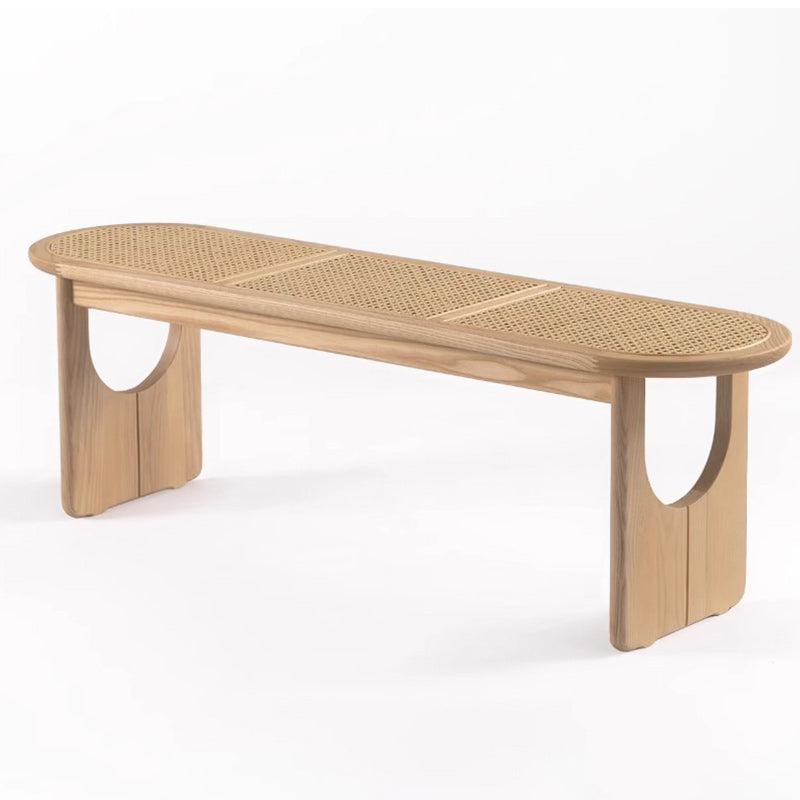 Sleek Contemporary Scandinavian Ellipse PE Rattan-Woven Rubberwood Backless and Armless Living Room Bench