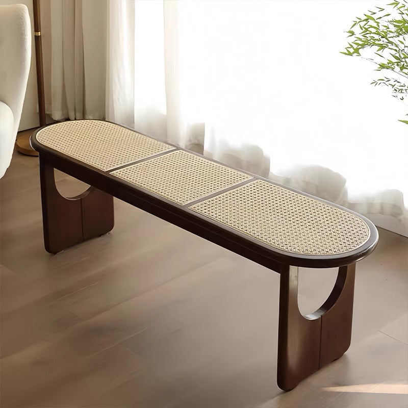 Sleek Contemporary Scandinavian Ellipse PE Rattan-Woven Rubberwood Backless and Armless Living Room Bench