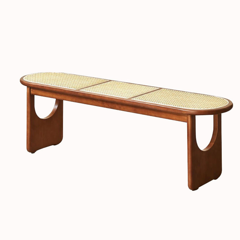 Sleek Contemporary Scandinavian Ellipse PE Rattan-Woven Rubberwood Backless and Armless Living Room Bench