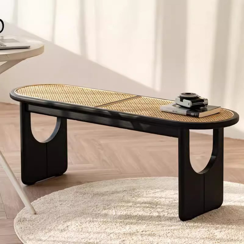 Sleek Contemporary Scandinavian Ellipse PE Rattan-Woven Rubberwood Backless and Armless Living Room Bench
