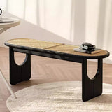 Sleek Contemporary Scandinavian Ellipse PE Rattan-Woven Rubberwood Backless and Armless Living Room Bench