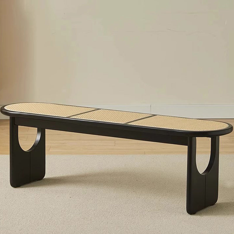 Sleek Contemporary Scandinavian Ellipse PE Rattan-Woven Rubberwood Backless and Armless Living Room Bench