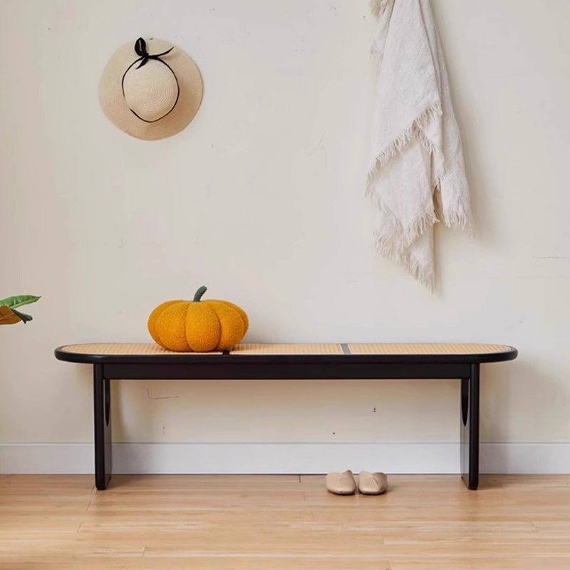 Sleek Contemporary Scandinavian Ellipse PE Rattan-Woven Rubberwood Backless and Armless Living Room Bench