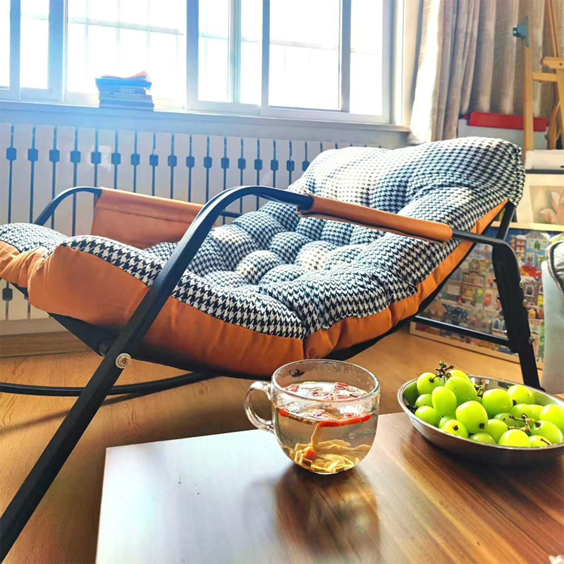 Modern Minimalist Curved Tech-Fabric Rocking Chair with Carbon Steel Frame, Backrest and Armrests for Bedroom