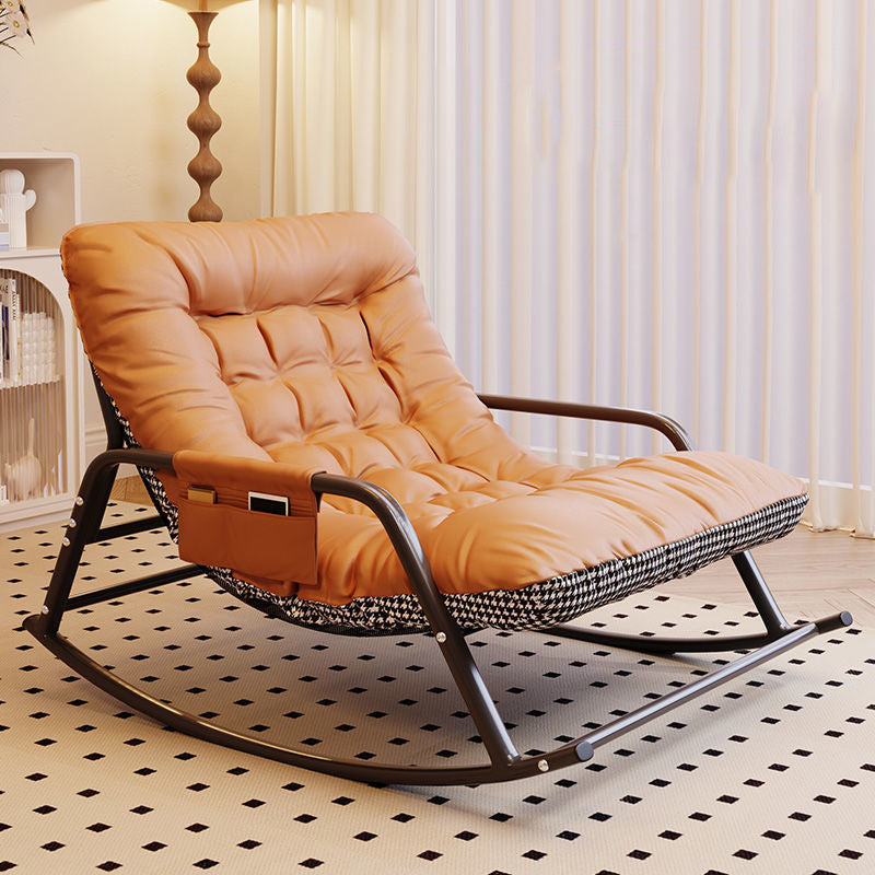 Modern Minimalist Curved Tech-Fabric Rocking Chair with Carbon Steel Frame, Backrest and Armrests for Bedroom