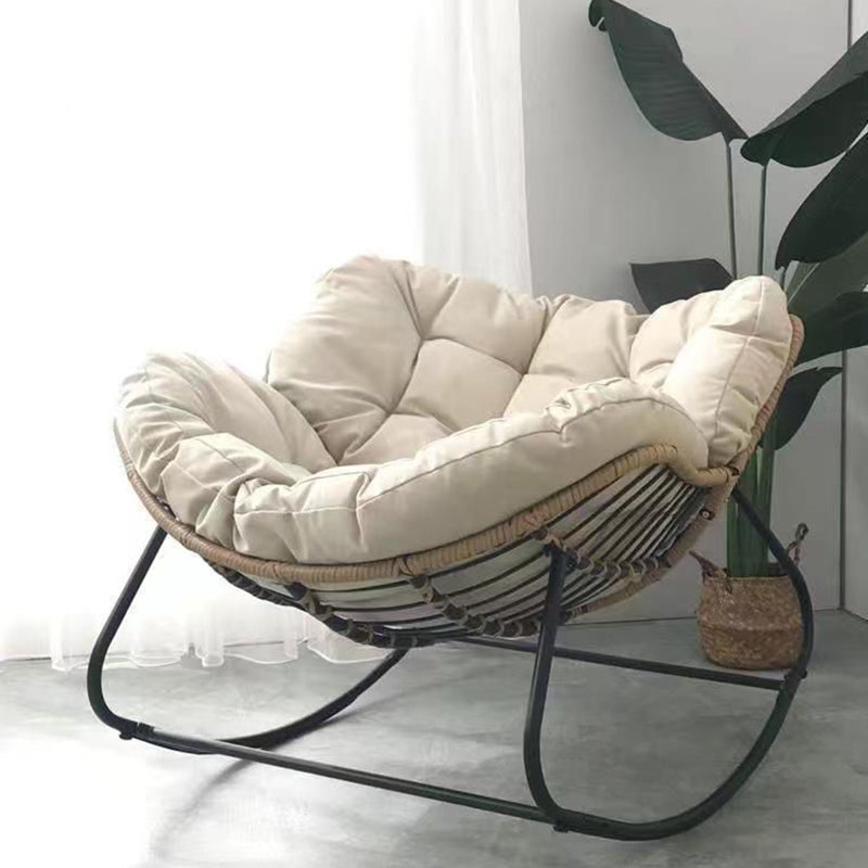 Sleek Modern Minimalist Linen & Carbon Steel Curved Rocking Chair with PE Bird-Nest Backrest and Armrests for Living Room
