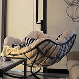 Sleek Modern Minimalist Linen & Carbon Steel Curved Rocking Chair with PE Bird-Nest Backrest and Armrests for Living Room