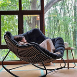 Sleek Modern Minimalist Linen & Carbon Steel Curved Rocking Chair with PE Bird-Nest Backrest and Armrests for Living Room