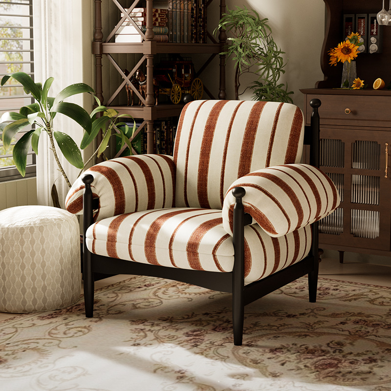 Contemporary Retro Rubberwood Accent Chair with a Square-Rectangular Frame, Cotton-Linen Fabric, and Ergonomic Backrest and Armrests for Living Room
