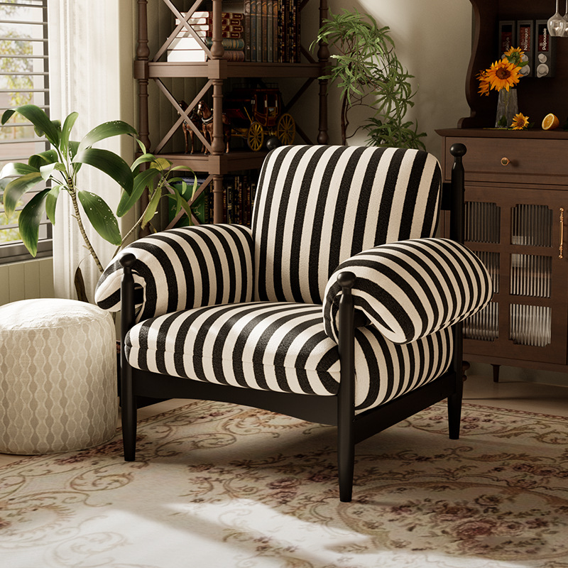 Contemporary Retro Rubberwood Accent Chair with a Square-Rectangular Frame, Cotton-Linen Fabric, and Ergonomic Backrest and Armrests for Living Room
