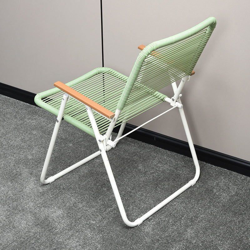 Modern Minimalist Foldable Camping Chair - Square-Rectangular PE Rattan, Beech Wood & Iron Pipe Frame, Woven Backrest & Armrests, Outdoor Use