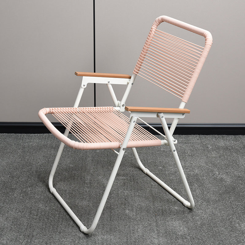 Modern Minimalist Foldable Camping Chair - Square-Rectangular PE Rattan, Beech Wood & Iron Pipe Frame, Woven Backrest & Armrests, Outdoor Use