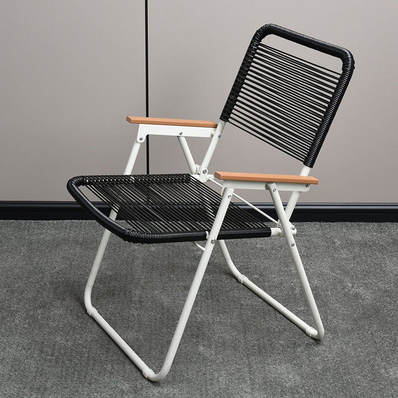 Modern Minimalist Foldable Camping Chair - Square-Rectangular PE Rattan, Beech Wood & Iron Pipe Frame, Woven Backrest & Armrests, Outdoor Use