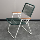 Modern Minimalist Foldable Camping Chair - Square-Rectangular PE Rattan, Beech Wood & Iron Pipe Frame, Woven Backrest & Armrests, Outdoor Use