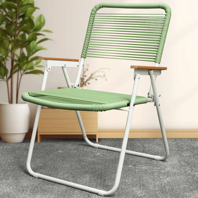Modern Minimalist Foldable Camping Chair - Square-Rectangular PE Rattan, Beech Wood & Iron Pipe Frame, Woven Backrest & Armrests, Outdoor Use
