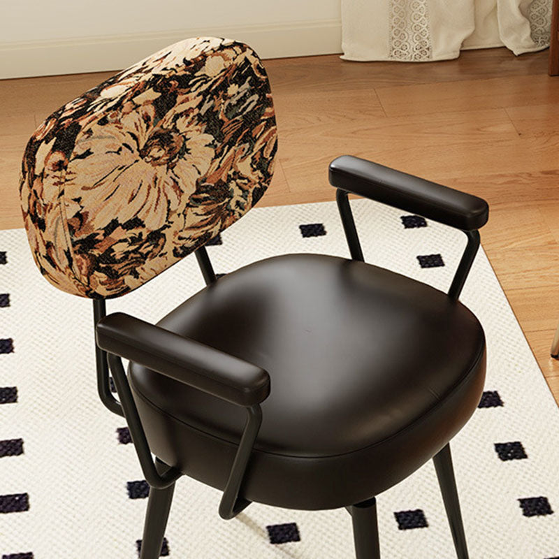 Nordic Contemporary 360° Swivel Desk Chair with Backrest & Armrests — Carbon Steel Frame, Oil-Waxed Leather, Sunflower Jacquard Upholstery for Home Office