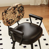 Nordic Contemporary 360° Swivel Desk Chair with Backrest & Armrests — Carbon Steel Frame, Oil-Waxed Leather, Sunflower Jacquard Upholstery for Home Office
