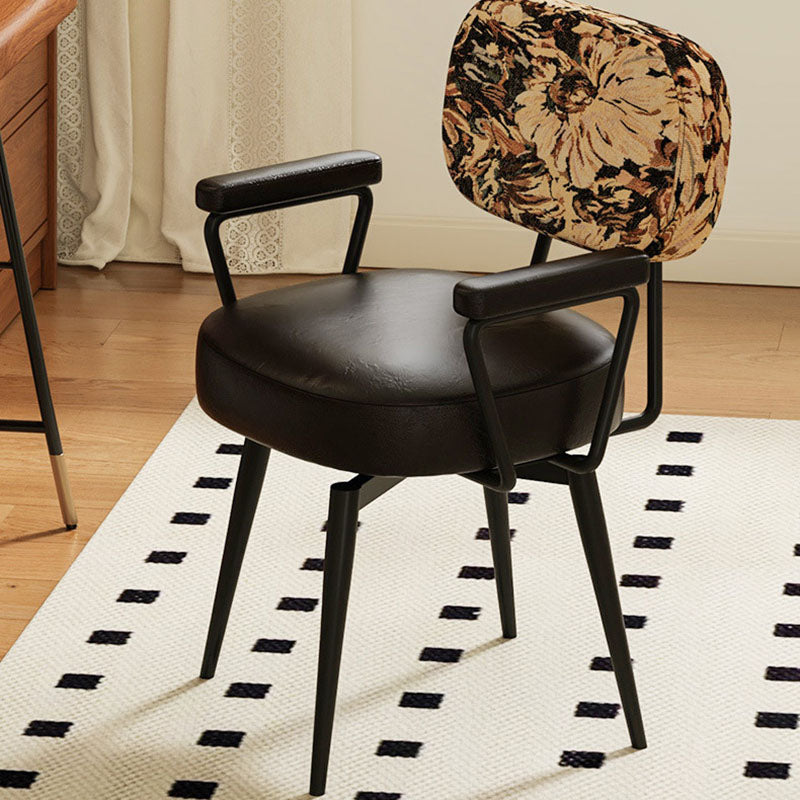 Nordic Contemporary 360° Swivel Desk Chair with Backrest & Armrests — Carbon Steel Frame, Oil-Waxed Leather, Sunflower Jacquard Upholstery for Home Office