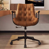 Contemporary Retro Leather Desk Chair – Scratch-Resistant Upholstery, Wooden Panel Accent, Nylon & Steel Base, 360° Swivel, Height-Adjustable with Backrest & Armrests for Home Office