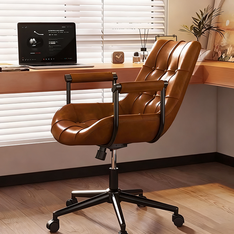 Contemporary Retro Leather Desk Chair – Scratch-Resistant Upholstery, Wooden Panel Accent, Nylon & Steel Base, 360° Swivel, Height-Adjustable with Backrest & Armrests for Home Office