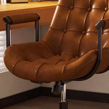 Contemporary Retro Leather Desk Chair – Scratch-Resistant Upholstery, Wooden Panel Accent, Nylon & Steel Base, 360° Swivel, Height-Adjustable with Backrest & Armrests for Home Office