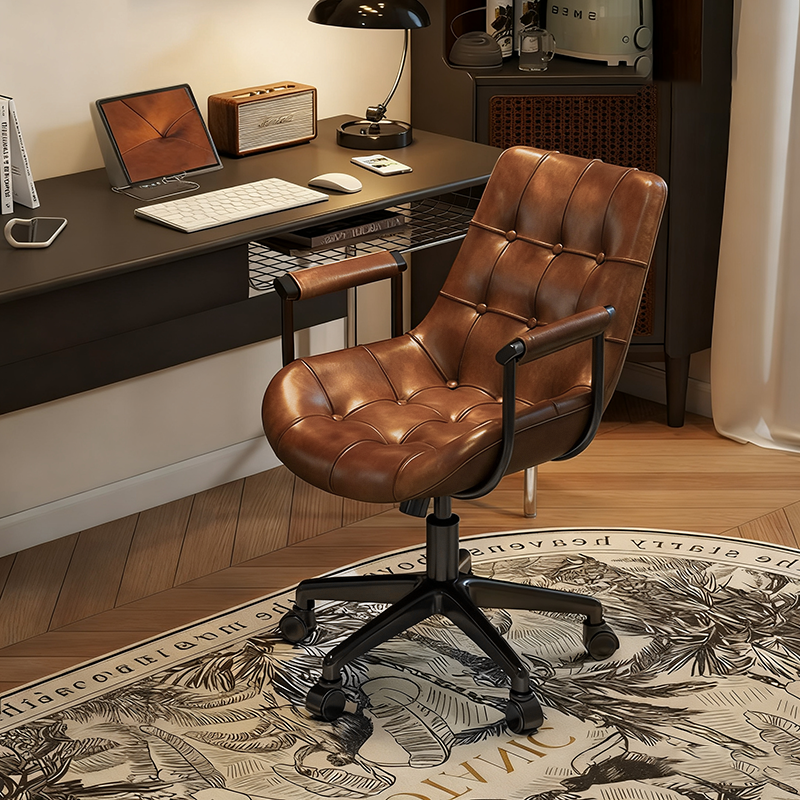 Contemporary Retro Leather Desk Chair – Scratch-Resistant Upholstery, Wooden Panel Accent, Nylon & Steel Base, 360° Swivel, Height-Adjustable with Backrest & Armrests for Home Office