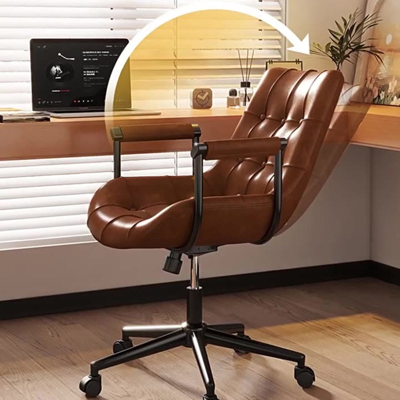 Contemporary Retro Leather Desk Chair – Scratch-Resistant Upholstery, Wooden Panel Accent, Nylon & Steel Base, 360° Swivel, Height-Adjustable with Backrest & Armrests for Home Office