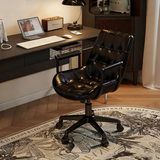 Contemporary Retro Leather Desk Chair – Scratch-Resistant Upholstery, Wooden Panel Accent, Nylon & Steel Base, 360° Swivel, Height-Adjustable with Backrest & Armrests for Home Office