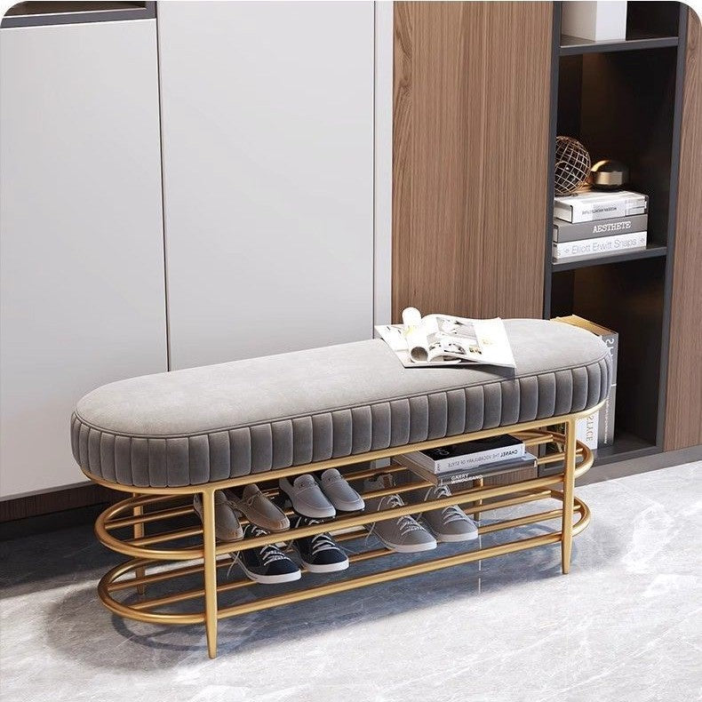 Modern Nordic Ellipse Velvet-Iron 2-Tier Shoe Bench for Living Room