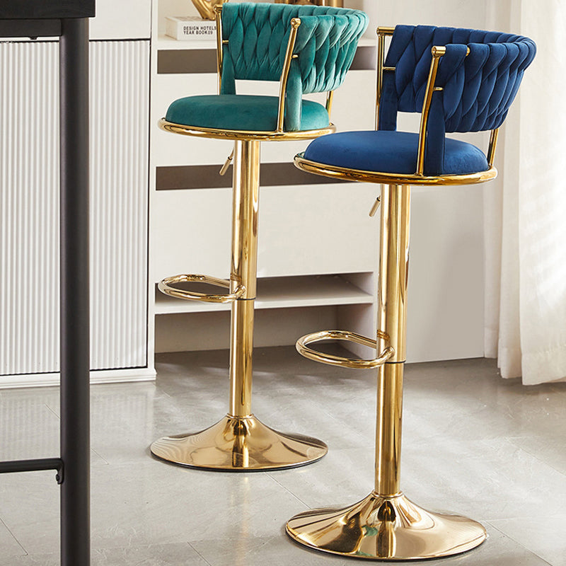 Contemporary Nordic Round Velvet Bar Stool — Iron Frame, Swivel, Height-Adjustable, Backrest, Armless Design for Dining Room & Kitchen