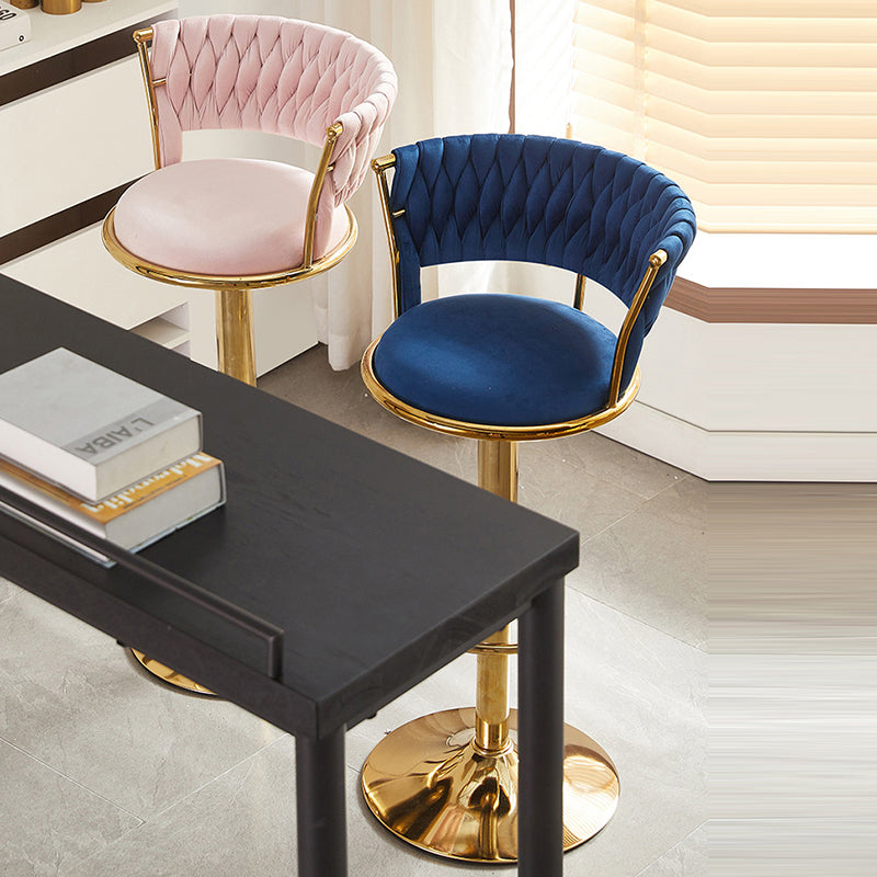 Contemporary Nordic Round Velvet Bar Stool — Iron Frame, Swivel, Height-Adjustable, Backrest, Armless Design for Dining Room & Kitchen