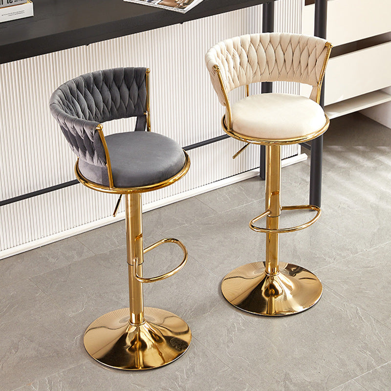 Contemporary Nordic Round Velvet Bar Stool — Iron Frame, Swivel, Height-Adjustable, Backrest, Armless Design for Dining Room & Kitchen