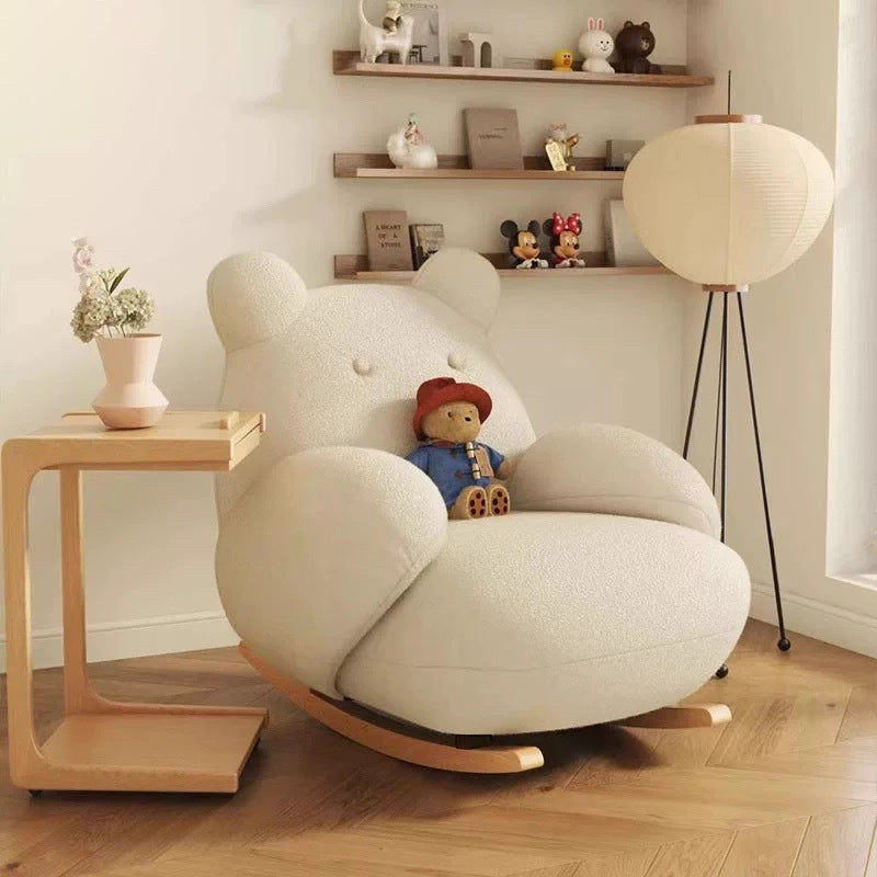 Contemporary Square-Rectangular Lamb Fleece Rocking Chair with Iron Frame, Rubberwood Backrest and Armrests for Living Room
