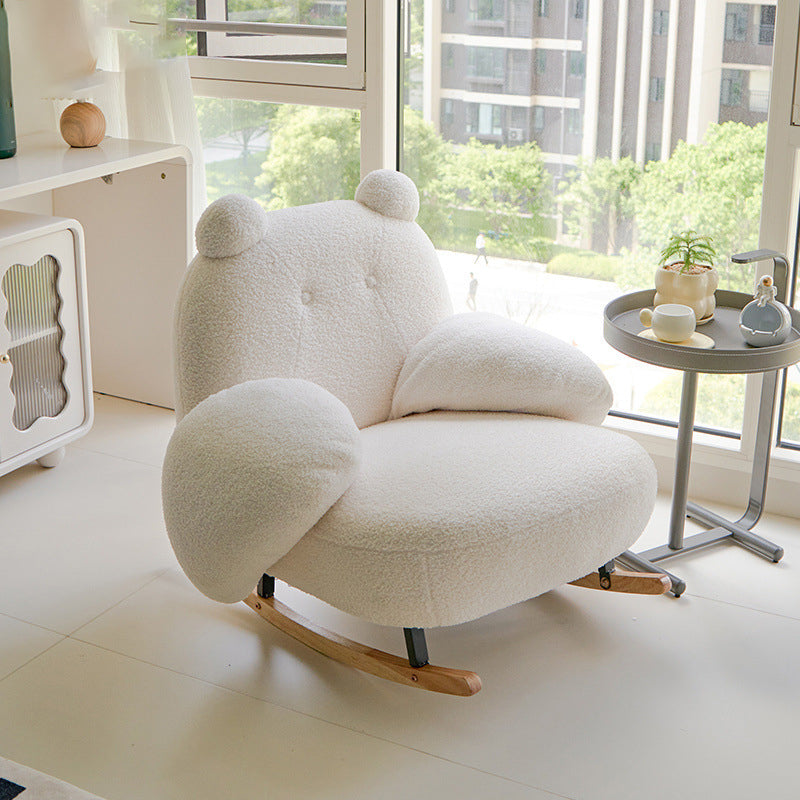 Contemporary Square-Rectangular Lamb Fleece Rocking Chair with Iron Frame, Rubberwood Backrest and Armrests for Living Room