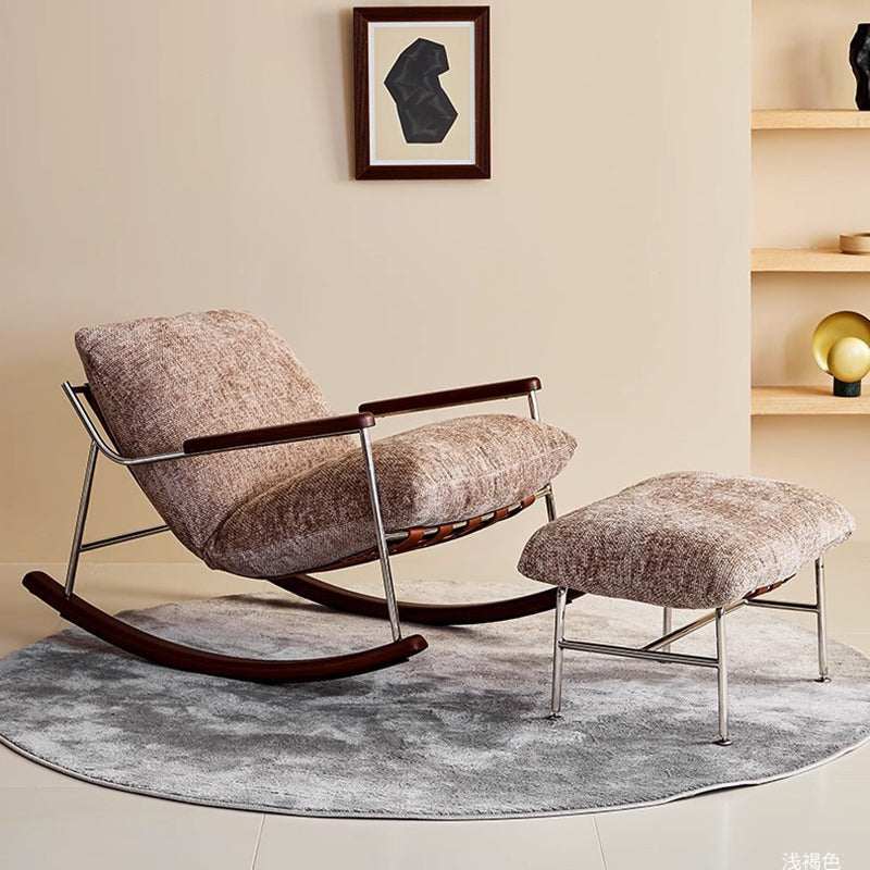 Modern Minimalist Rocking Chair with Removable Backrest and Armrests — Square Rectangular Frame in Chenille, Ash Wood, Stainless Steel, and Saddle Leather for Living Room