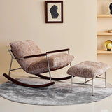 Modern Minimalist Rocking Chair with Removable Backrest and Armrests — Square Rectangular Frame in Chenille, Ash Wood, Stainless Steel, and Saddle Leather for Living Room