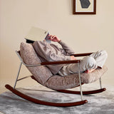 Modern Minimalist Rocking Chair with Removable Backrest and Armrests — Square Rectangular Frame in Chenille, Ash Wood, Stainless Steel, and Saddle Leather for Living Room