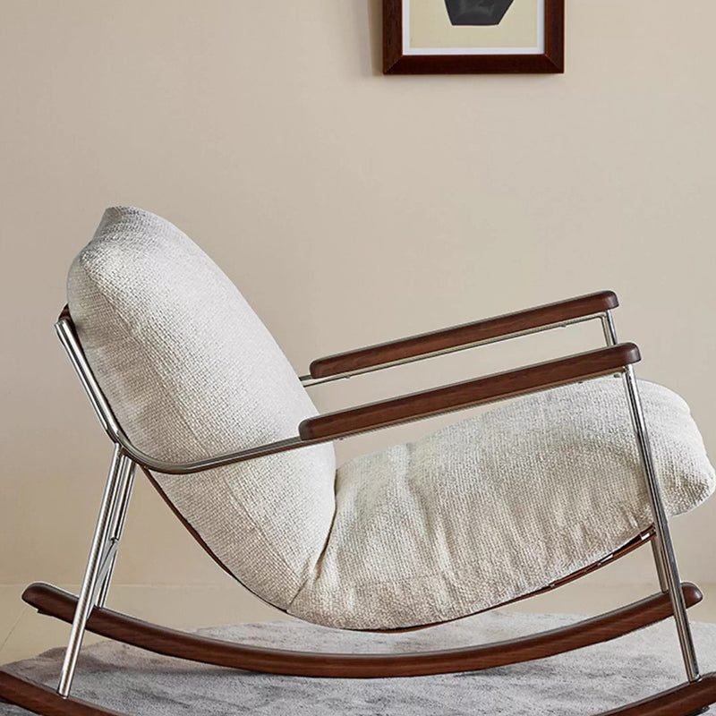 Modern Minimalist Rocking Chair with Removable Backrest and Armrests — Square Rectangular Frame in Chenille, Ash Wood, Stainless Steel, and Saddle Leather for Living Room