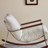 Modern Minimalist Rocking Chair with Removable Backrest and Armrests — Square Rectangular Frame in Chenille, Ash Wood, Stainless Steel, and Saddle Leather for Living Room