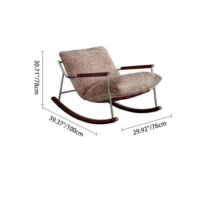 Modern Minimalist Rocking Chair with Removable Backrest and Armrests — Square Rectangular Frame in Chenille, Ash Wood, Stainless Steel, and Saddle Leather for Living Room