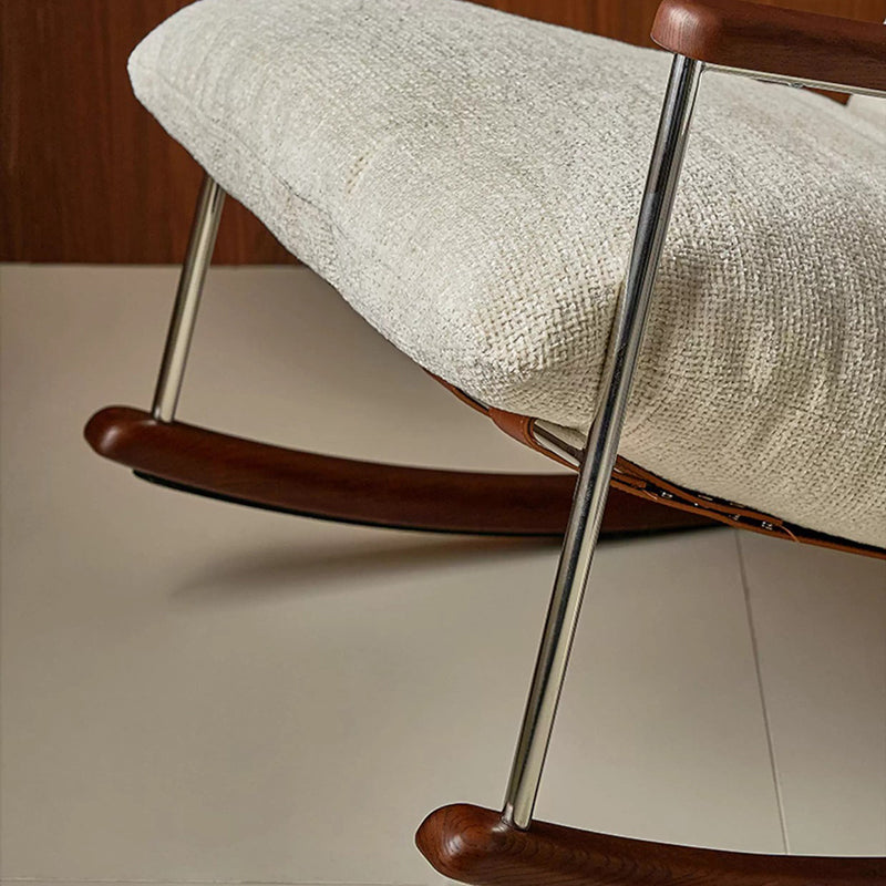 Modern Minimalist Rocking Chair with Removable Backrest and Armrests — Square Rectangular Frame in Chenille, Ash Wood, Stainless Steel, and Saddle Leather for Living Room
