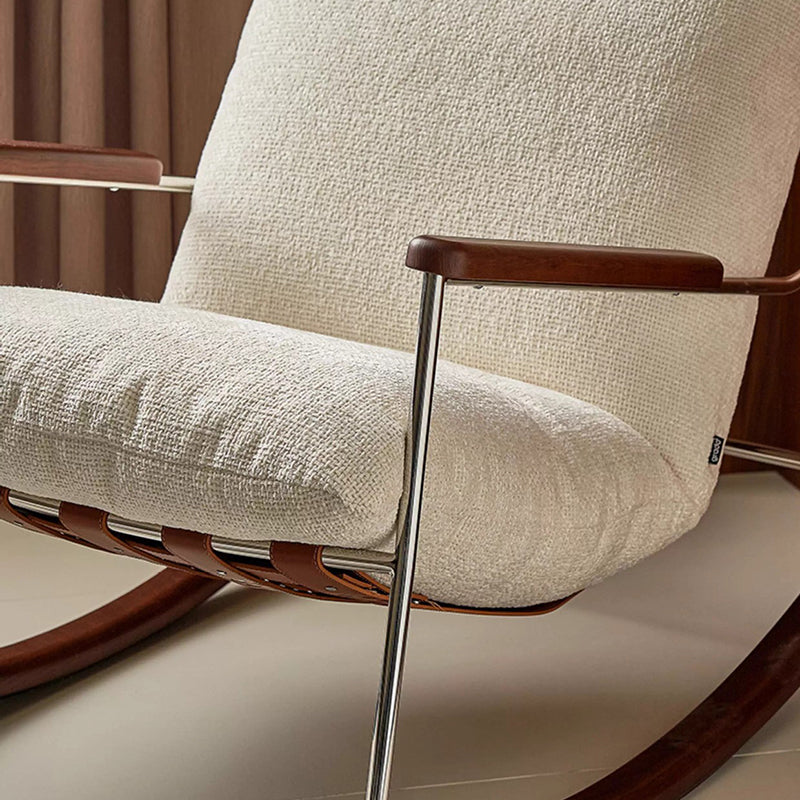 Modern Minimalist Rocking Chair with Removable Backrest and Armrests — Square Rectangular Frame in Chenille, Ash Wood, Stainless Steel, and Saddle Leather for Living Room