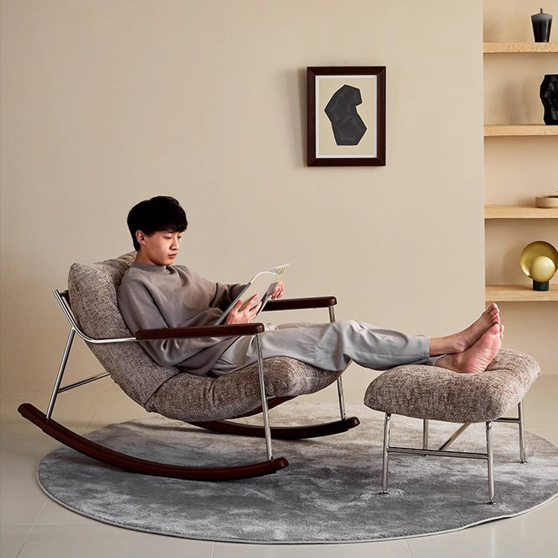 Modern Minimalist Rocking Chair with Removable Backrest and Armrests — Square Rectangular Frame in Chenille, Ash Wood, Stainless Steel, and Saddle Leather for Living Room