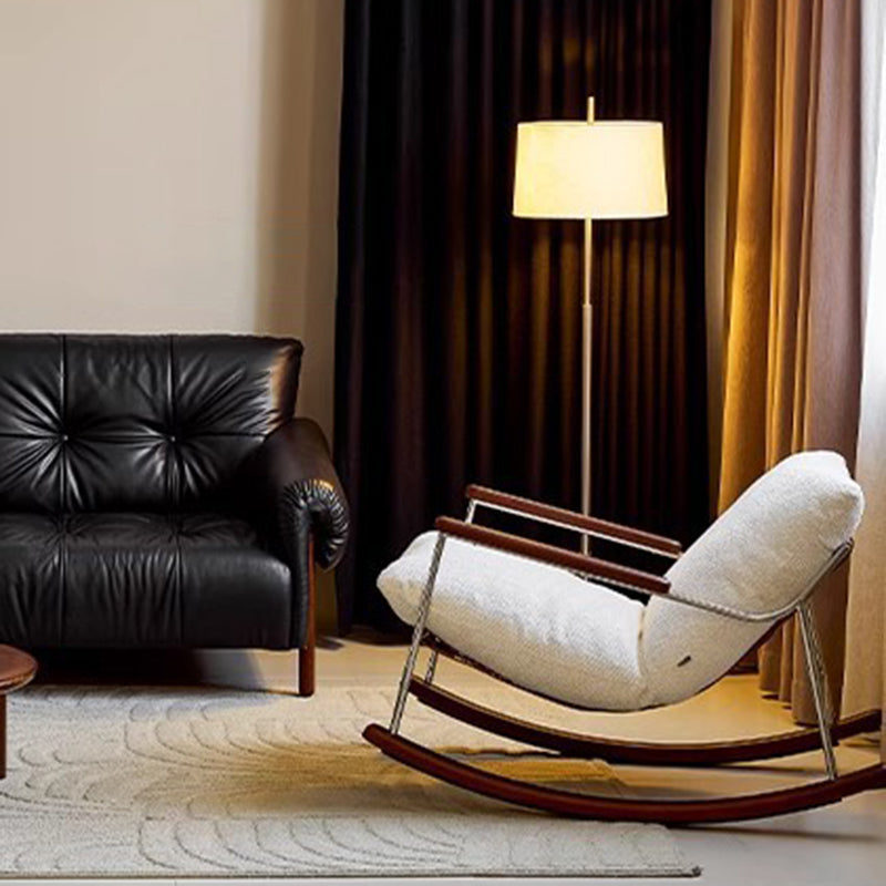 Modern Minimalist Rocking Chair with Removable Backrest and Armrests — Square Rectangular Frame in Chenille, Ash Wood, Stainless Steel, and Saddle Leather for Living Room
