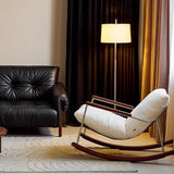 Modern Minimalist Rocking Chair with Removable Backrest and Armrests — Square Rectangular Frame in Chenille, Ash Wood, Stainless Steel, and Saddle Leather for Living Room