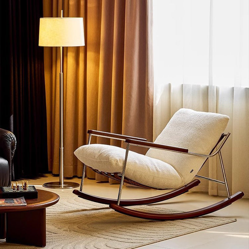 Modern Minimalist Rocking Chair with Removable Backrest and Armrests — Square Rectangular Frame in Chenille, Ash Wood, Stainless Steel, and Saddle Leather for Living Room