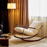 Modern Minimalist Rocking Chair with Removable Backrest and Armrests — Square Rectangular Frame in Chenille, Ash Wood, Stainless Steel, and Saddle Leather for Living Room