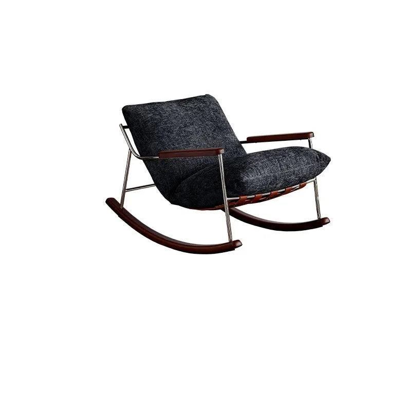 Modern Minimalist Rocking Chair with Removable Backrest and Armrests — Square Rectangular Frame in Chenille, Ash Wood, Stainless Steel, and Saddle Leather for Living Room