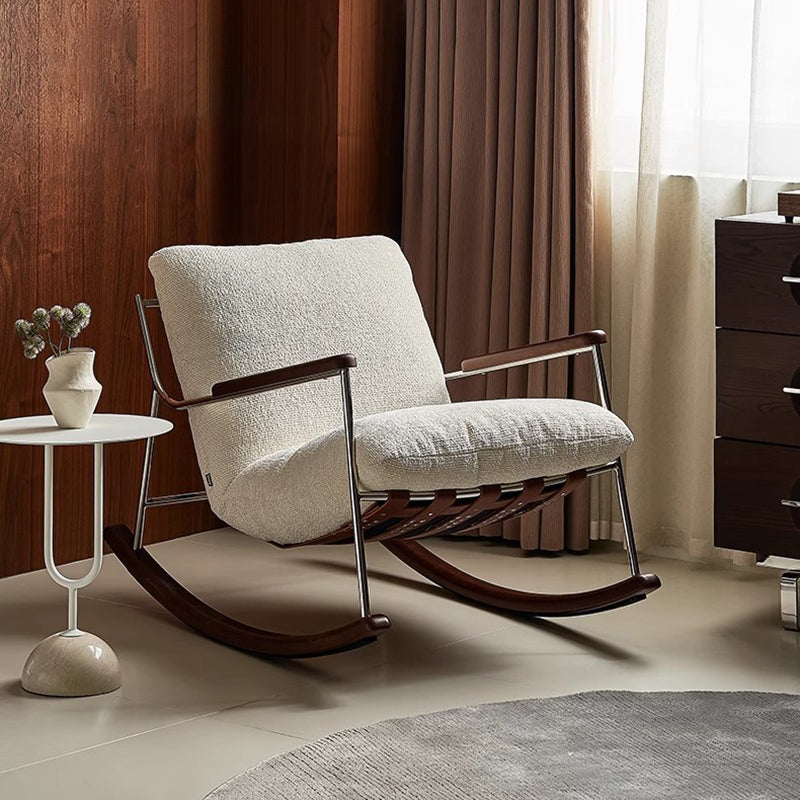 Modern Minimalist Rocking Chair with Removable Backrest and Armrests — Square Rectangular Frame in Chenille, Ash Wood, Stainless Steel, and Saddle Leather for Living Room