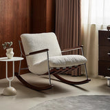 Modern Minimalist Rocking Chair with Removable Backrest and Armrests — Square Rectangular Frame in Chenille, Ash Wood, Stainless Steel, and Saddle Leather for Living Room
